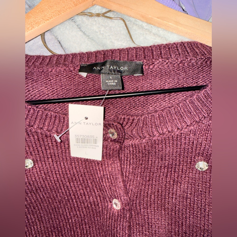 Ann Taylor Plum Crystal-Button V-Neck Cardigan